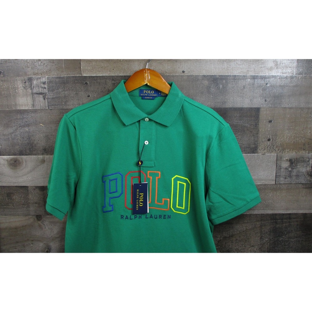 Ralph Lauren Polo Shirt Mens Medium Green Classic Fit Big Spellout Logo Pique